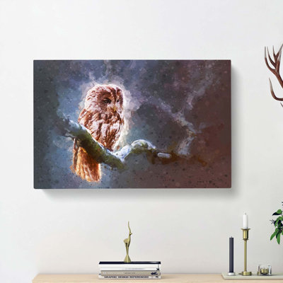 Owl Upon A Tree Branch In Abstract - Wrapped Canvas