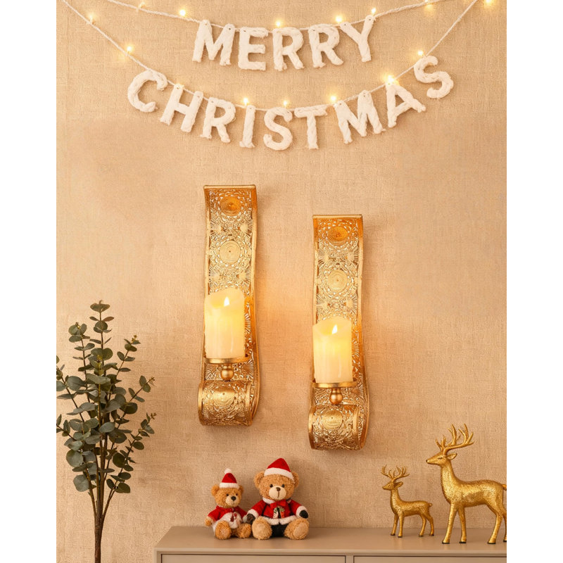 Wall Candle Sconce Set Of 2,Gold Metal Wall Mount Candle Holder，Spanish Baroque Hollow Carving Wall-Mounting Sconces For Living Room, Bathroom, Dining Areas,Hallways Decorations