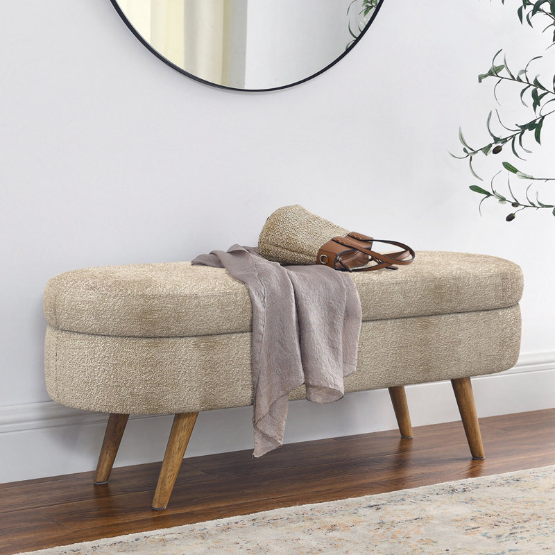 Banc de rangement repose-pieds ovale, pieds en bois d'hévéa, Brun