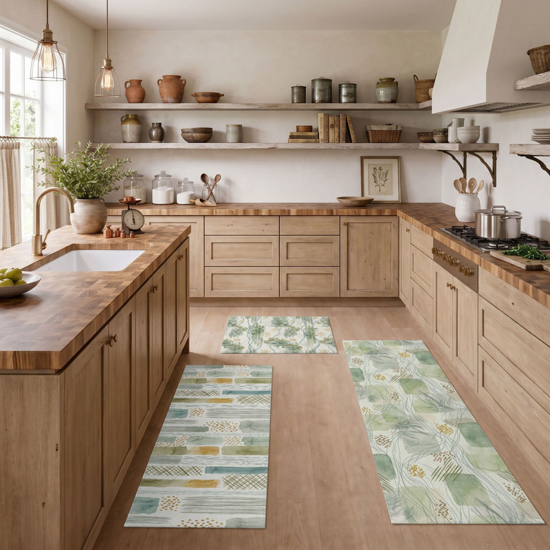 Green Leaf Non-Slip Washable Kitchen Mats
