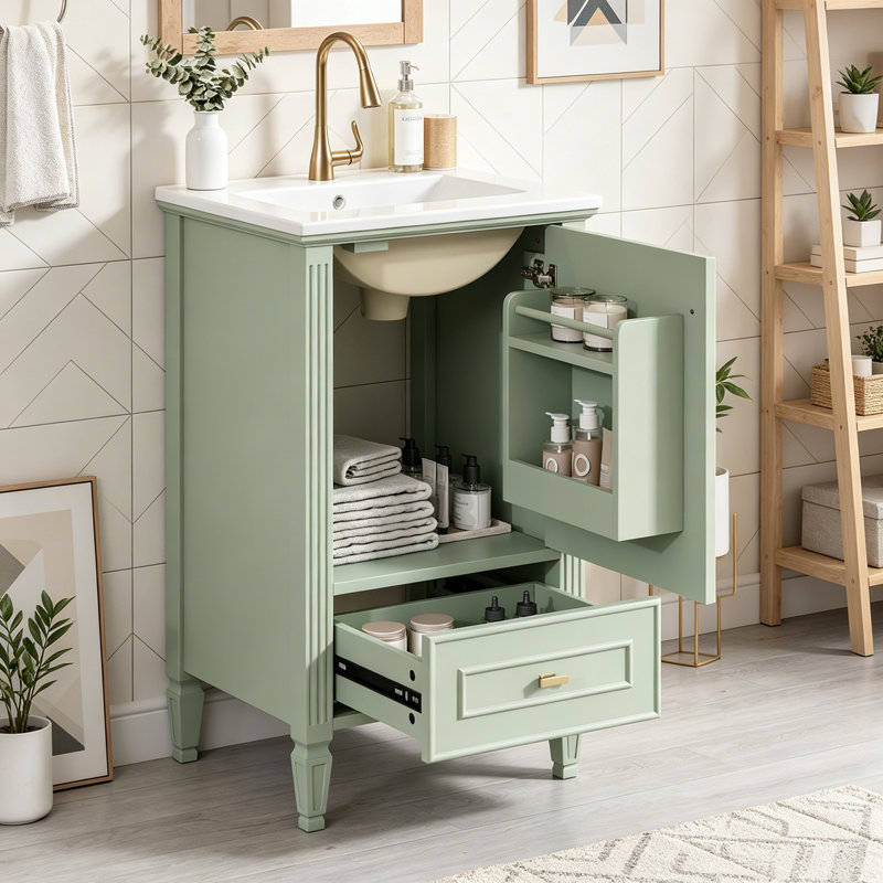 Meuble-lavabo de salle de bain avec lavabo en céramique, armoire de rangement et tiroirs, Vert