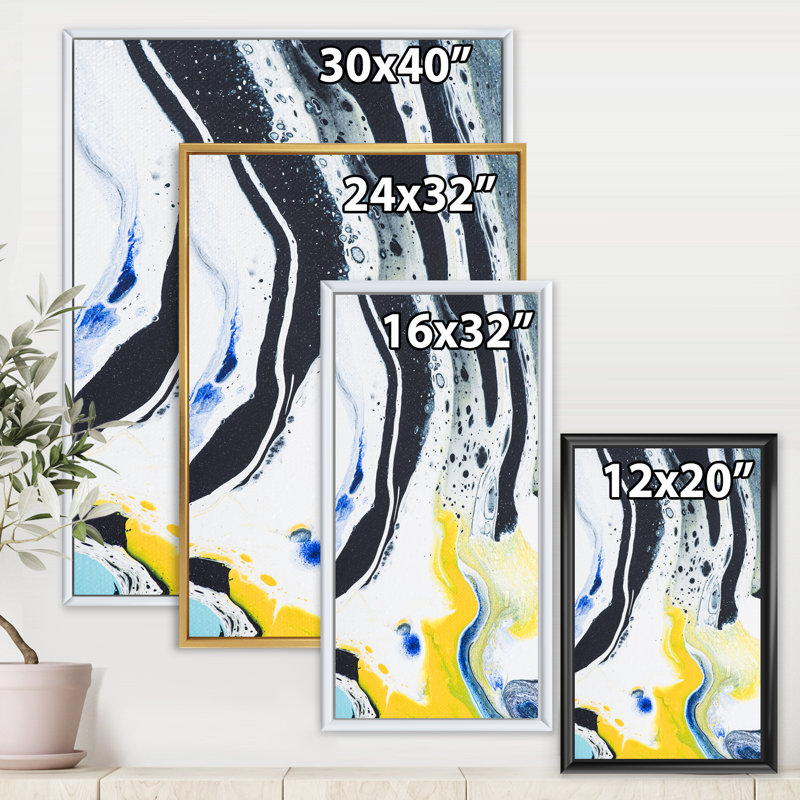Composition abstraite de marbre en jaune et bleu IV - peinture sur toile, H 32 po x l 24 po x P 1 po, Cadre flottant doré