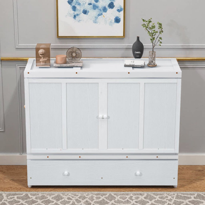 Lit escamotable avec port USB et grand tiroir, Blanc, Queen