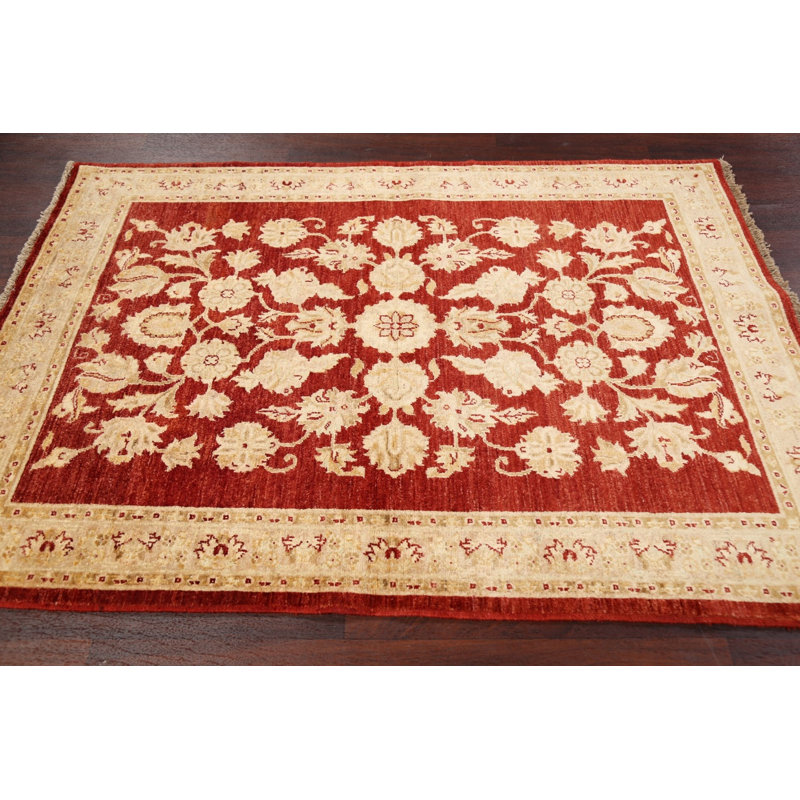 Tapis rouge / beige en laine noué à la main de conception unique 4 pi 2 po x 5 pi 9 po