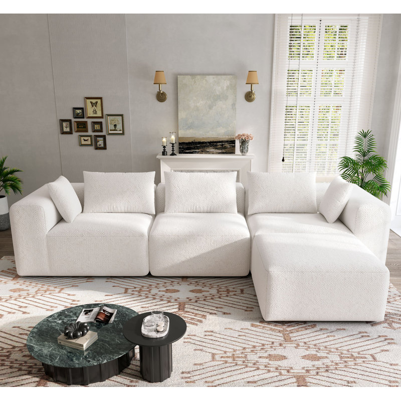 Boneless 103" Boneless Sectional Couch Modular Sofa, Deep Seat Faux Fur Cloud Couches For Living Room, L-Shaped Couch With Movable Ottoman, No Assembly Required