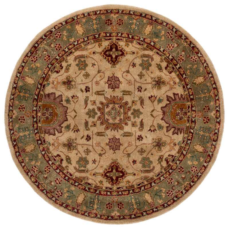 Tapis ivoire / vert en laine touffeté à la main Ladd, Rond 6 pi