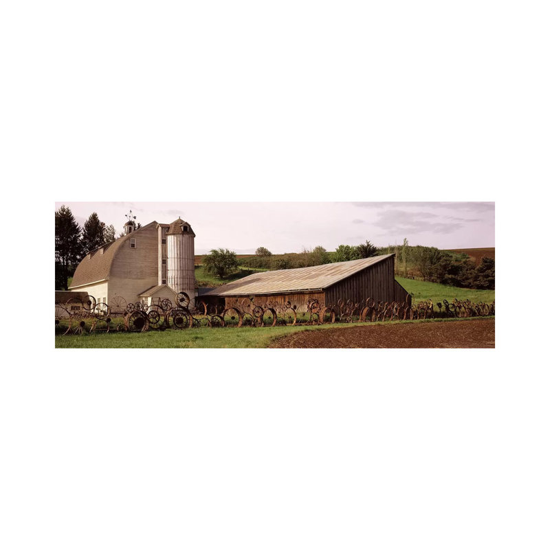 Old Barn With A Fence Made Of Wheels, Palouse, Whitman County, Washington State, USA - Wrapped Canvas Panoramic Print