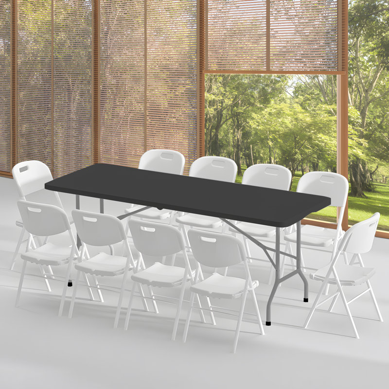 8ft Black Plastic Folding Table with Steel Legs and Handle