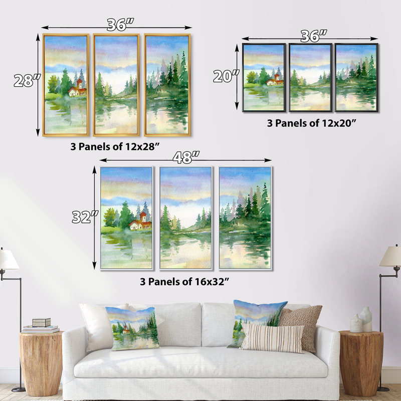«Summer River Landscape With Green Trees», peinture sur toile 3 pièces, H 32 po x l 48 po, Cadre doré