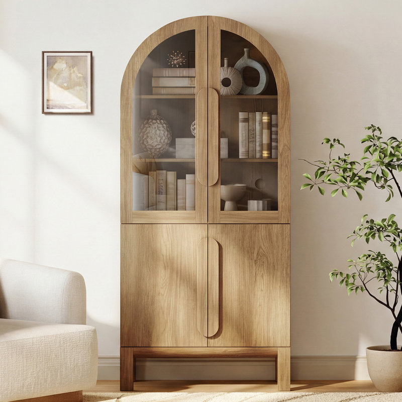 71"H Arched Bookshelf, Modern 5 Tier Bookcase With Cabinet, Wooden Display Cabinet With Glass Doors And Adjustable Shelves, Versatile Bookshelf For Living Room, Study, Office