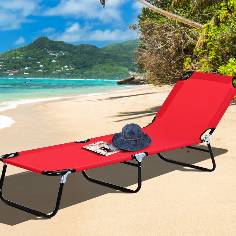Outdoor Reclining Chair - Chaise Lounge With 5 Levels, Steel Frame, Red, For Sun Tanning In Patio And Beach Red Yard Recliner 5 Recline, Folding, Frame Sunbathing