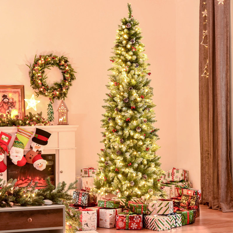 Arbre de Noël artificiel 7,5 pi. Avec lumières réalistes, 350 lumières DEL, pommes de pin, baies rouges et 1075 pointes