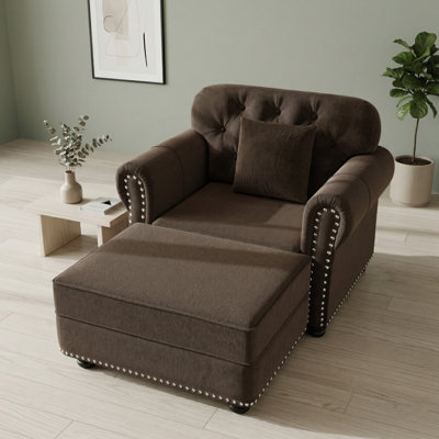 Velvet Tufted Club Chair with Rolled Arms, Nailhead Trim, and Toss Pillow