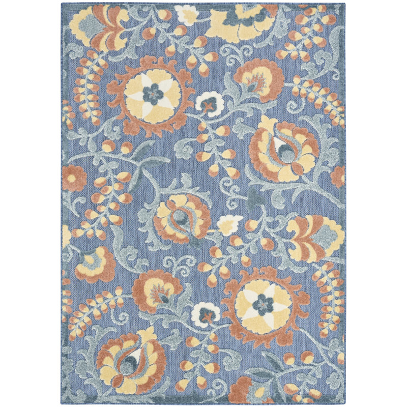 Gregori Blue Rose Farmhouse Rug, Rectangle 5'3" x 7'5"