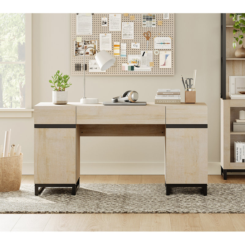 Home Office Furniture Set: 59In Modern Executive Desk With Charging Station & Drawers And 2 PCS 72In Tall Bookcases With 6 Drawers, Home Office Furniture For Living Room, Bedroom, Beige