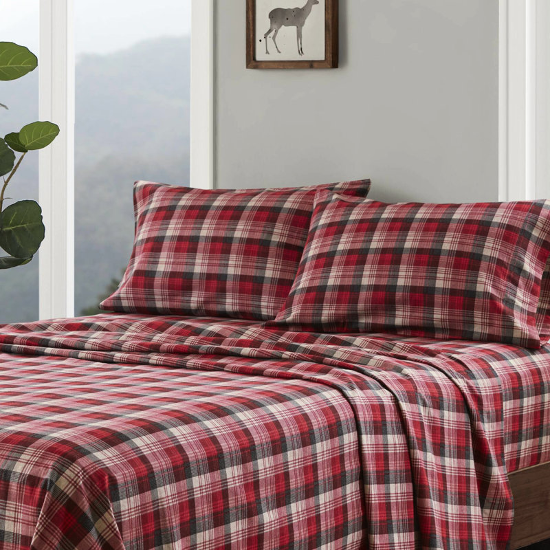 100% flanelle de coton, tissu écossais rouge, drap complet 4 pièces, drap-housse, entièrement élastique, lavable à la machine, aucune substance nocive -,