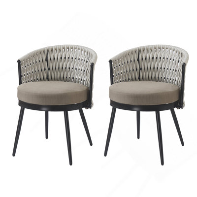 Chaise de salle à manger d'extérieur en métal et corde beige avec mobilier de coussin kaki, chaises résistantes aux intempéries avec coussins, ensemble MP2 (ensemble de 2)