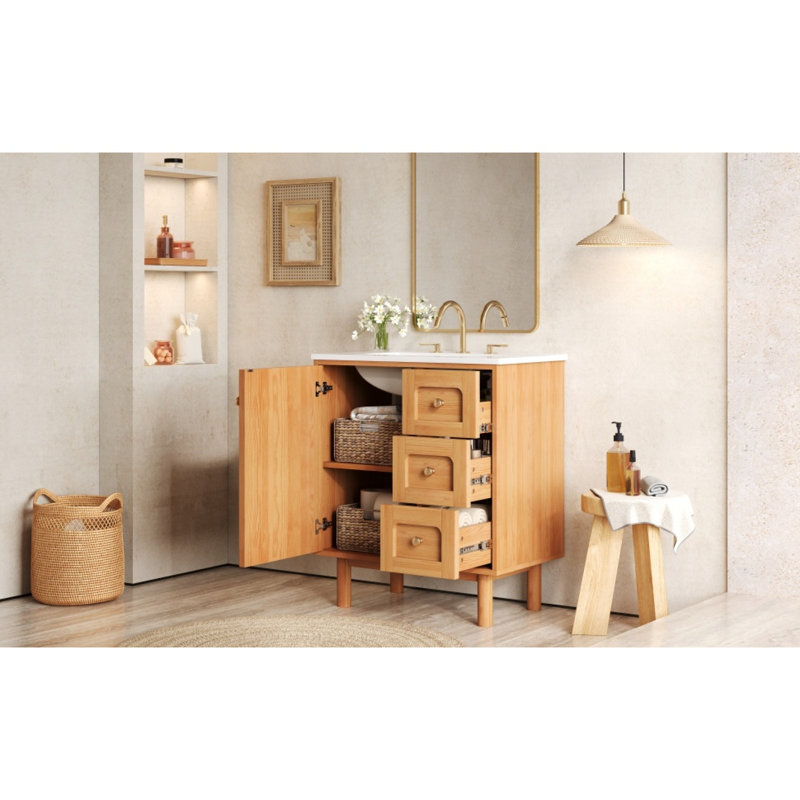 Meuble-lavabo de style maison de campagne 30 po avec lavabo en céramique, porte à fermeture douce, 3 tiroirs