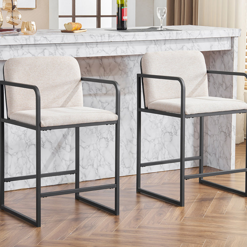 Of 2 Stylish Upholstered Counter Height Bar Stools With , Metal Structure And Beige Upholstery For Home Bar, Kitchen Island, Dining Comfortable Frame
