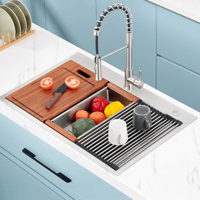 33 Inch Drop - In 18 Gauge Stainless Steel Kitchen Workstation Sink, R10 Rounded Corner Shape, 3.5" Drain Opening, Dish Drying Rack Included, Contemporary Style 22" Wide Topmount 304 Thick Panel For