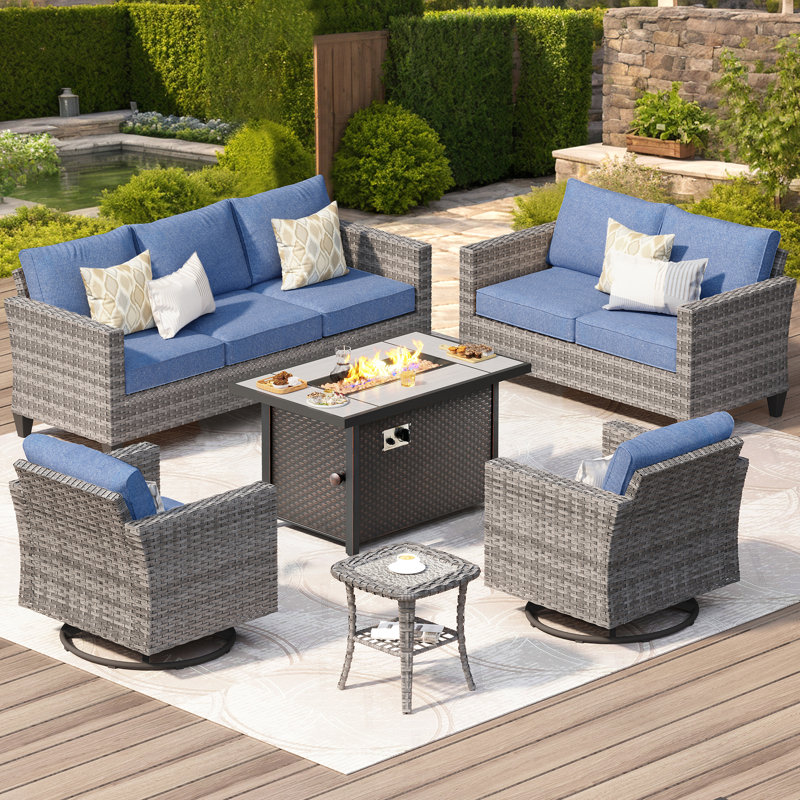 7- Person Patio Furniture Set With Swivel Rocker, Outdoor Wicker Rattan Seating Group With Cushions, All Weather Sofa Conversation Set With Fire Pit Table For Garden Backyard