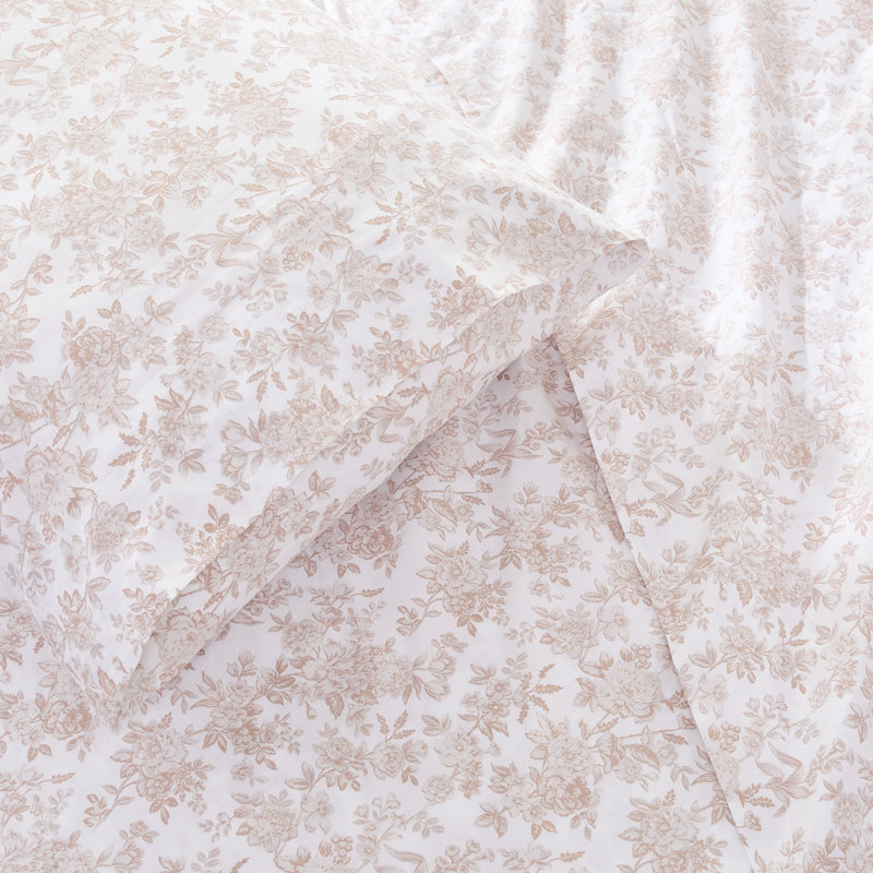 Peony Toile Cotton Sheet Set Peach, Twin Sheet Set with 1 Pilowcase