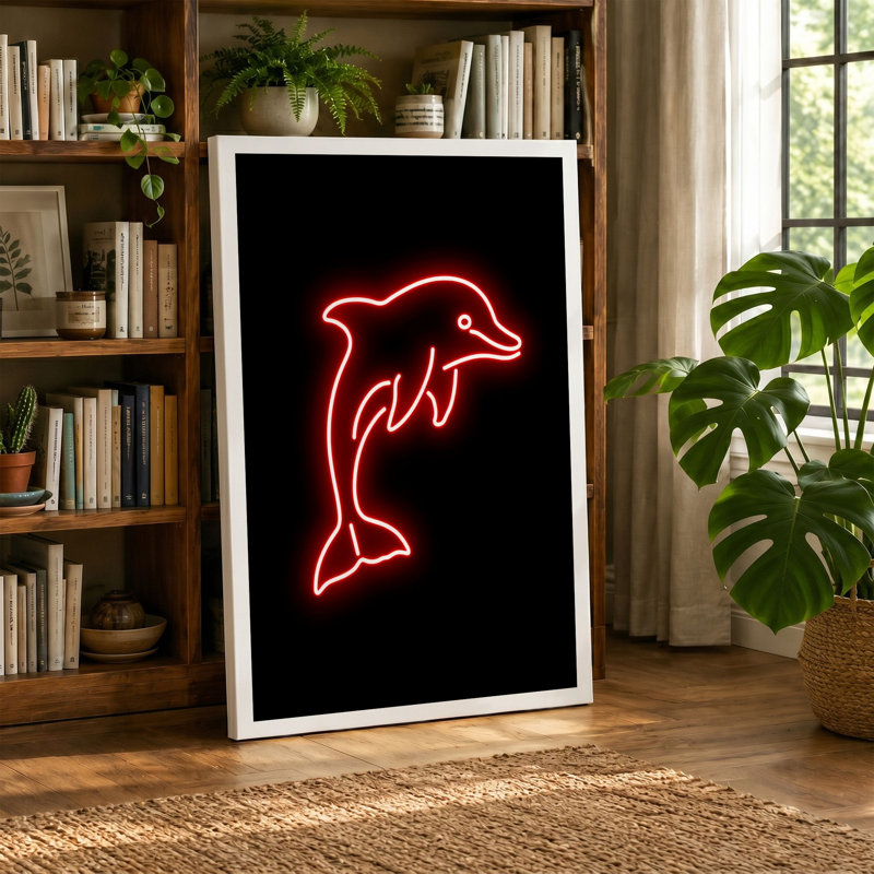 Neon Dolphin Leap Minimalist - Wrapped Canvas, 36x24 - 91.4 x 61.0 cm, Teal Border