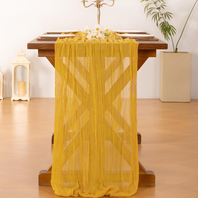 Chemin de table en gaze de style champêtre, style bohème, idéal pour un mariage, un anniversaire ou une fête d'été | Lot de 3 pièces, gaze rustique dorée et jaune de 3 m, chemin de table transparent de style ferme pour fête prénatale, enterrement de vie de jeune fille et fêtes.