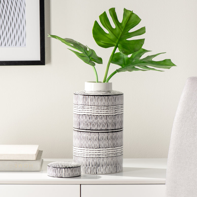Coragh 11" Black and White Striped Ceramic Ginger Jar With Lid, 11.5" H x 6.25" W x 6.25" D