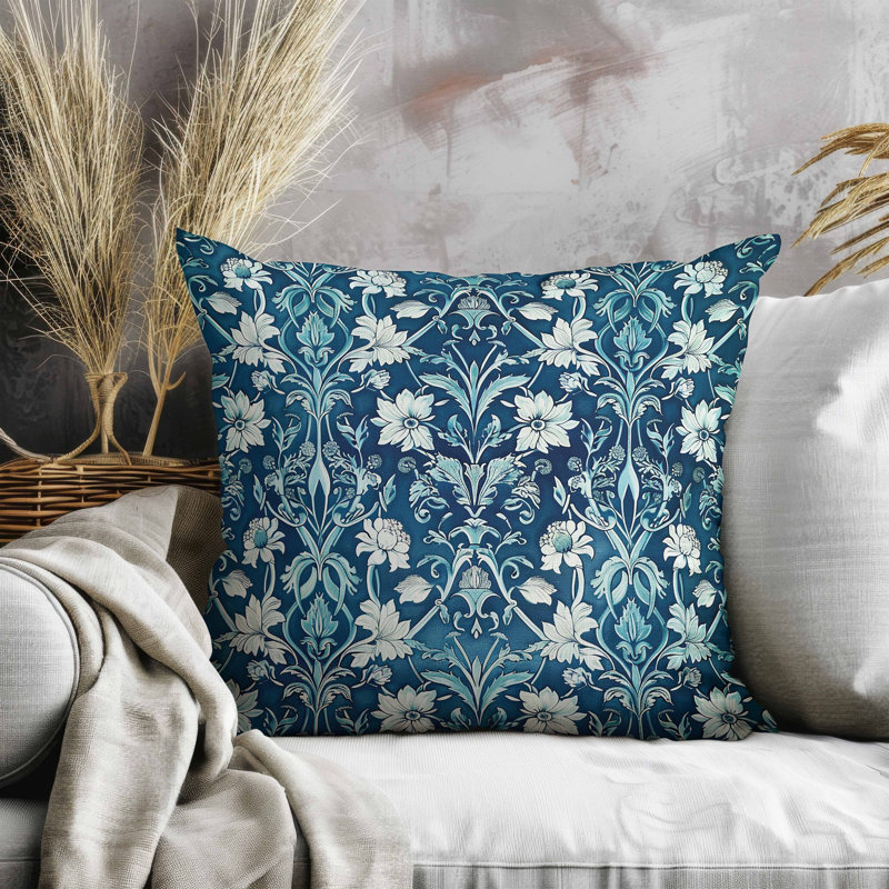 Oreiller en faux suède Oceanic Bloom, Carré 16 po, Bleu / blanc