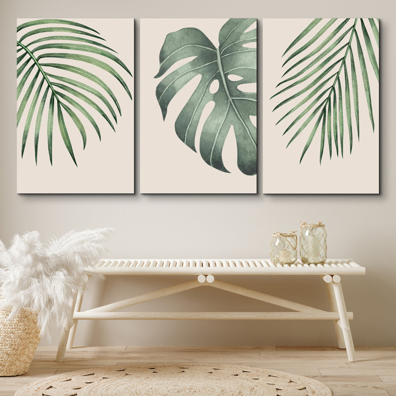 Minimal Botanical Green Tropical Island Monstera Palm Tree Leaves Picture Framed Canvas 3 Piece Print Set Wall Art