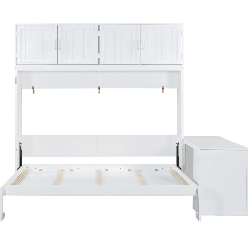 Grand lit mural blanc avec mécanisme hydraulique, bureau et rangement pour la chambre à coucher ou le bureau, capacité de 600 lb pour économiser les petites chambres