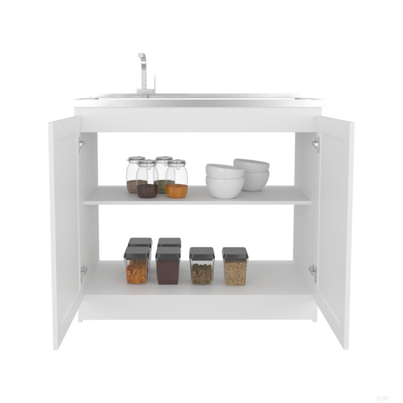 Évier utilitaire de 39 po de largeur, armoire à deux portes avec deux tablettes, évier en acier inoxydable, cuisine, salle de lavage, évier de garage blanc