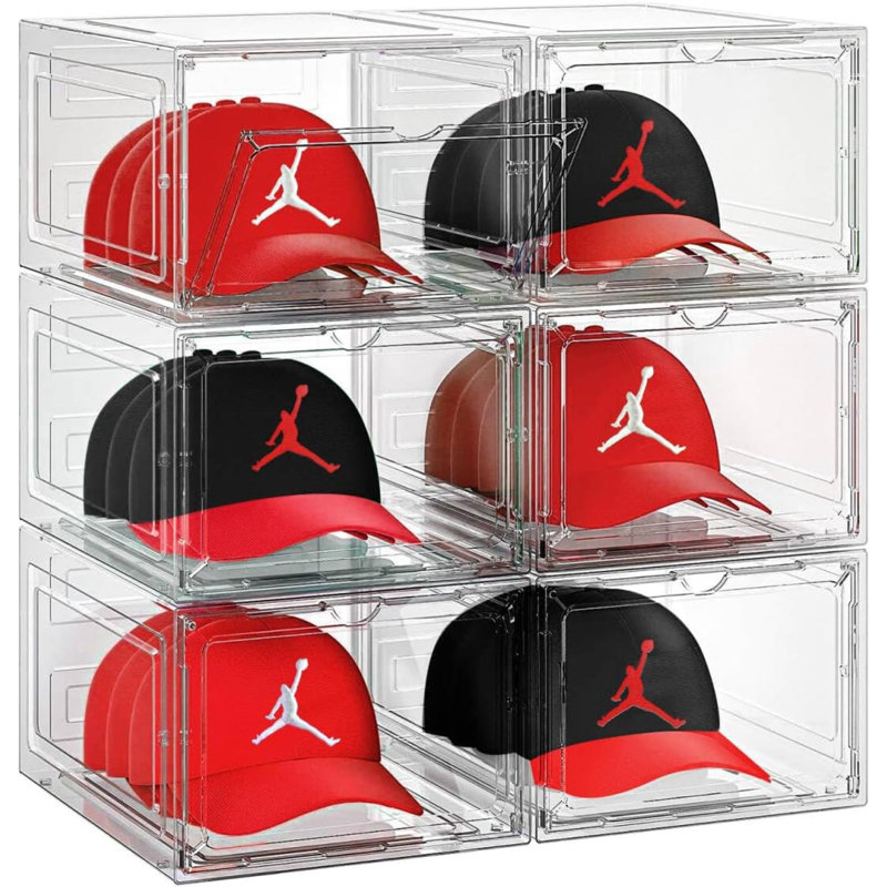 Boîte de rangement pour chapeaux, boîte de rangement de casquettes de baseball empilables transparentes avec porte magnétique pour chapeaux