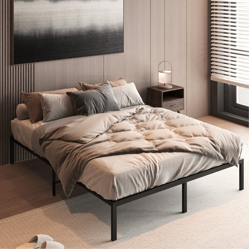 Cadre de lit plateforme en métal pour lit double - Métal, sans sommier, décor moderne, pour un sommeil paisible et stable grâce à sa tête de lit intégrée. Sommier non requis. Esthétique soignée. Qualité supérieure pour un sommeil serein et stable.