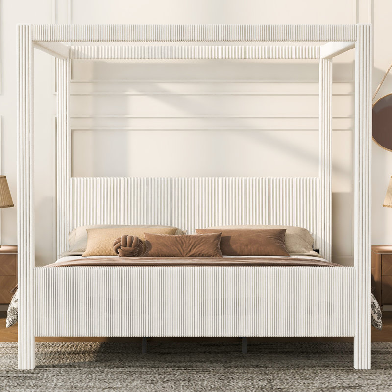 Très grand lit plateforme tapissier avec tête de lit et pied de lit, conception en velours côtelé vertical, beige, Beige
