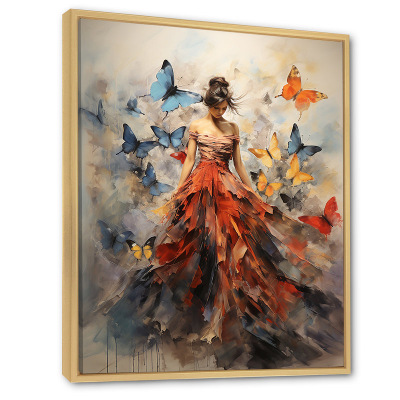 Papillon et femme dansant I - art mural papillon, H 32 po x l 16 po, Reproduction avec cadre flottant, Érable