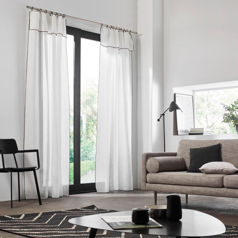 Linen Sheer Single Curtain Panel, White/Grey