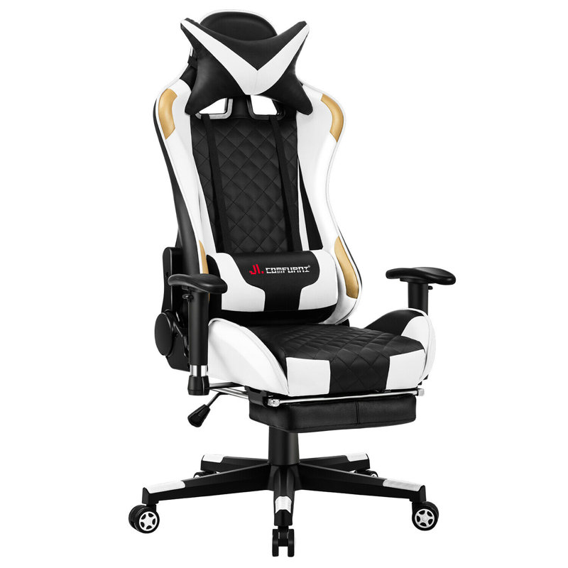 JL Comfurni Adjustable Reclining Ergonomic Faux Leather Swiveling PC & Racing Game Chair with Footrest, Gold