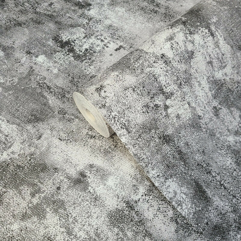 Papier peint industriel moderne blanc, gris, noir, argent, faux plâtre