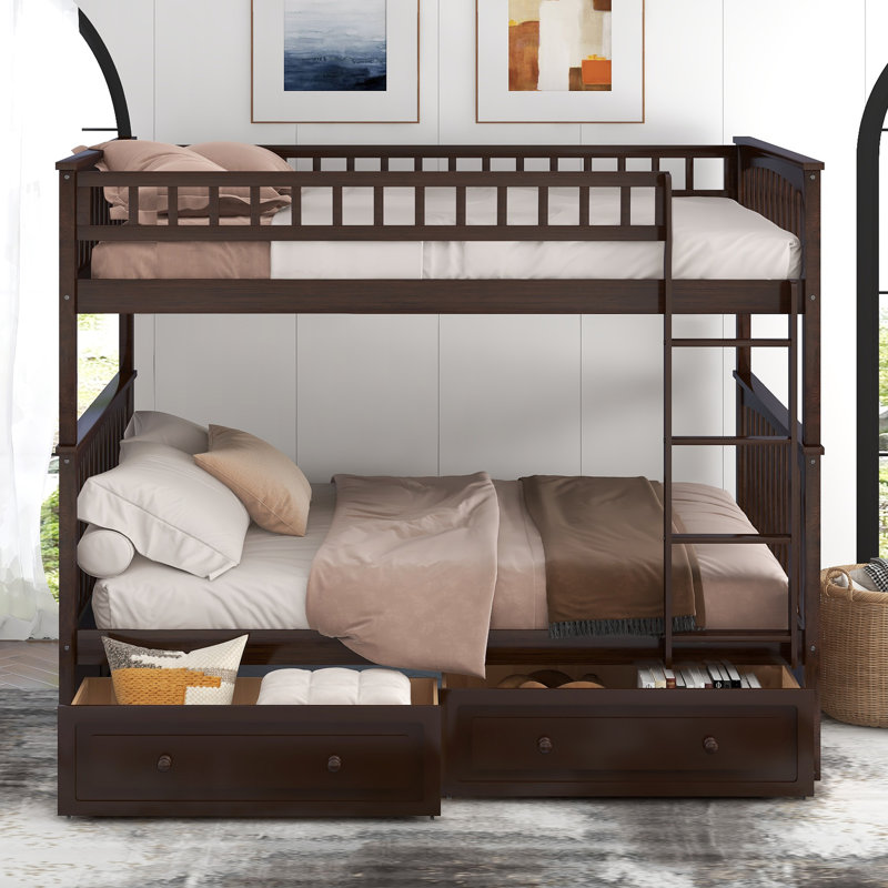 Lit double superposé au dessus d'un lit double avec tiroirs, conception convertible, bois de pin massif, espresso