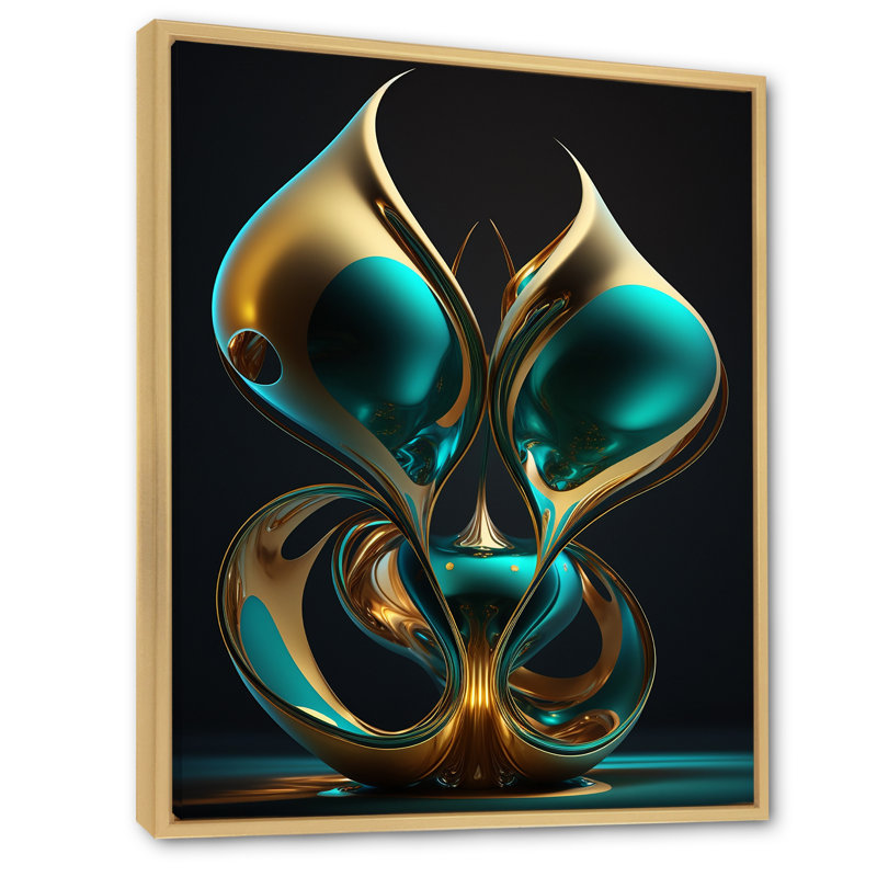 Rhyth of Infinity 3D Turquoise Gold Sphere I - Abstract Fractal, art mural, H 32 po x l 24 po x P 1 po, Cadre flottant érable