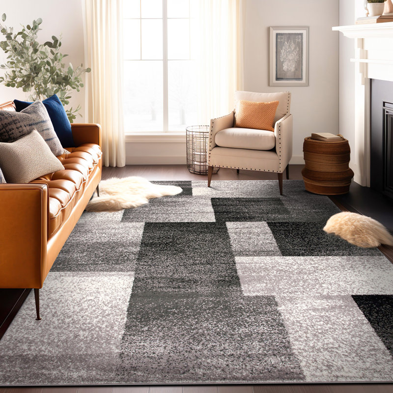 Tapis gris / ivoire / noir à motif géométrique Damarus, Rectangle 7 pi 10 po x 10 pi
