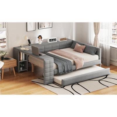 Gray Full Size Upholstered Bed With Storage Shelves, Desk, Charging Station And Twin Trundle For Relaxing Sleep Featuring Bedroom Upgrade