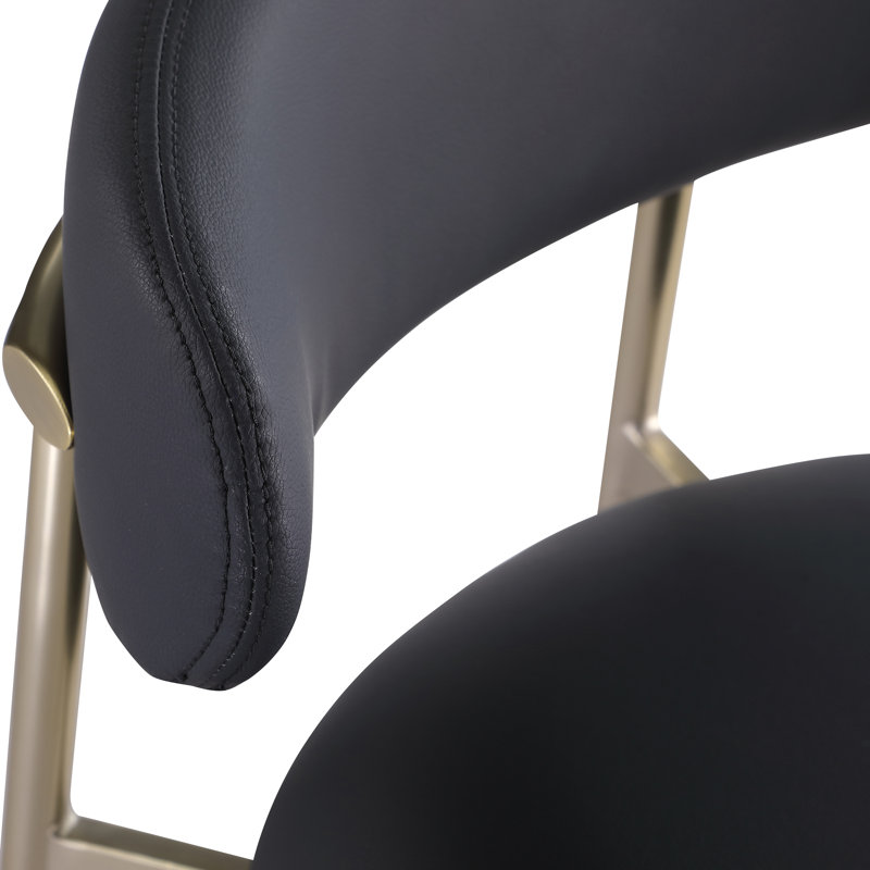 Tabouret de comptoir Lupita, Cuir végétalien noir, Or brossé