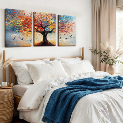 Vibrant Tree Of Life Canvas Framed Wall Art, Cool Abstract Tree Colorful Painting Image Colorful Leaves And Birds Poster Art Print Suitable For Living Room Office Wall Decor