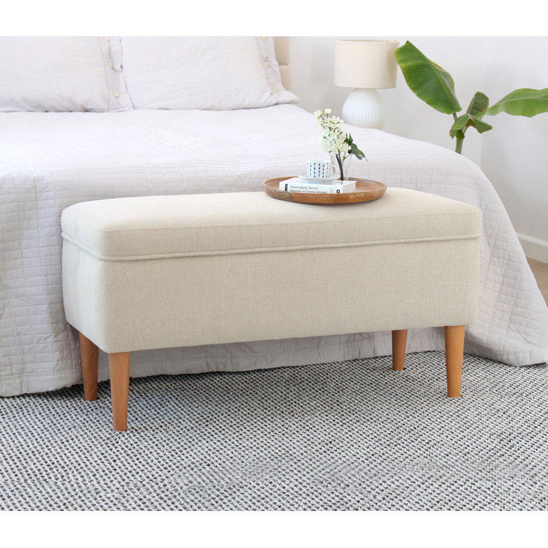 Élégant pouf crème avec pieds en bois de hêtre, 39,4 po x 19,7 po x 16,9 po | Revêtement 50% coton / 50% lin | Éponge orthopédique 2,4 pouces de 2,4 pouces d'épaisseur pour plus de confort | Ajout élégant au salon et à la chambre à coucher