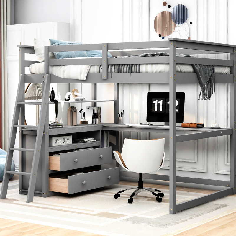 Lit mezzanine pleine grandeur gris avec bureau et tablette - Bois de pin robuste pour une chambre à coucher fonctionnelle