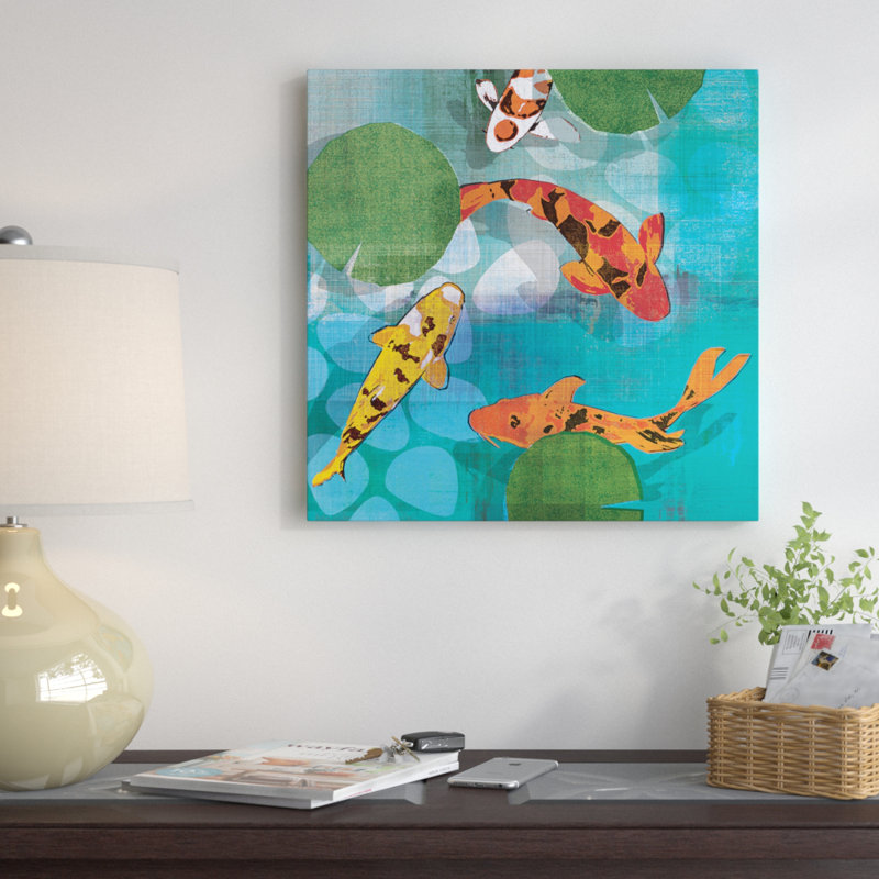 « chanceux koi ii », reproduction d’art sur toile tendue, H 26 po x l 26 po x P 1,5 po, Toile avec cadre noir, Pas de tapis