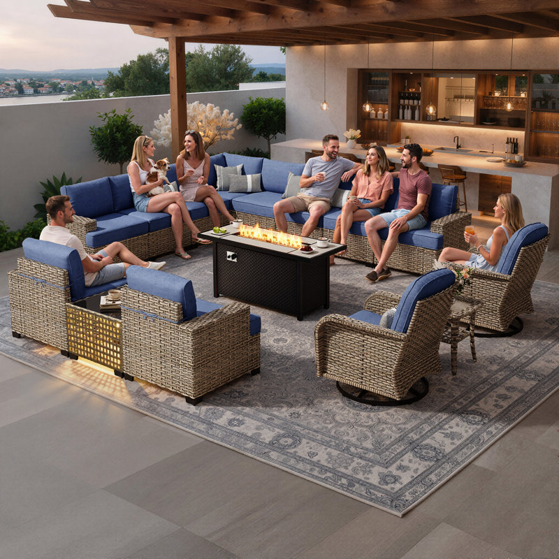 Outdoor 12-Person Rattan Settee Sofa Set, Equipped With A 54-Inch Liquefied Gas Fireplace Table, And Available In Multiple Color Options For The Cushions.